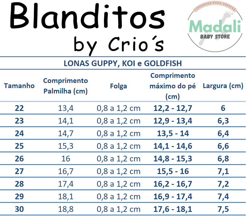 Blanditos by Crio's Ténis de Veganos Barefoot - Blanditos Guppy Bege/Azul Guia_Tamanhos_Blanditos_Lonas_KOI_Goldfish_e_Guppy_Madali