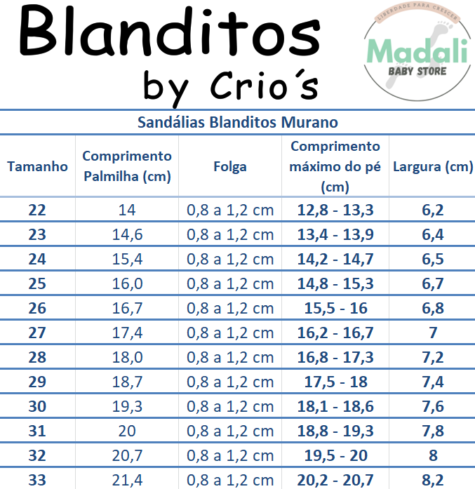 Blanditos by Crio's Sandálias Respeitadoras do pé da criança - Blanditos Murano Guia_Tamanhos_Blanditos_Sandalias_Murano_Madali