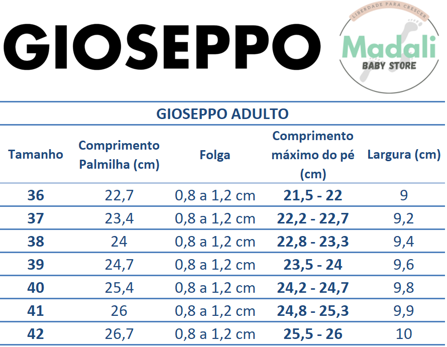 Mum Barefoot GIOSEPPO BAREFOOT - SANDÁLIAS COURO ENTRANÇADO NEDELJA Guia_de_tamanhos_Madali_Gioseppo_adulto