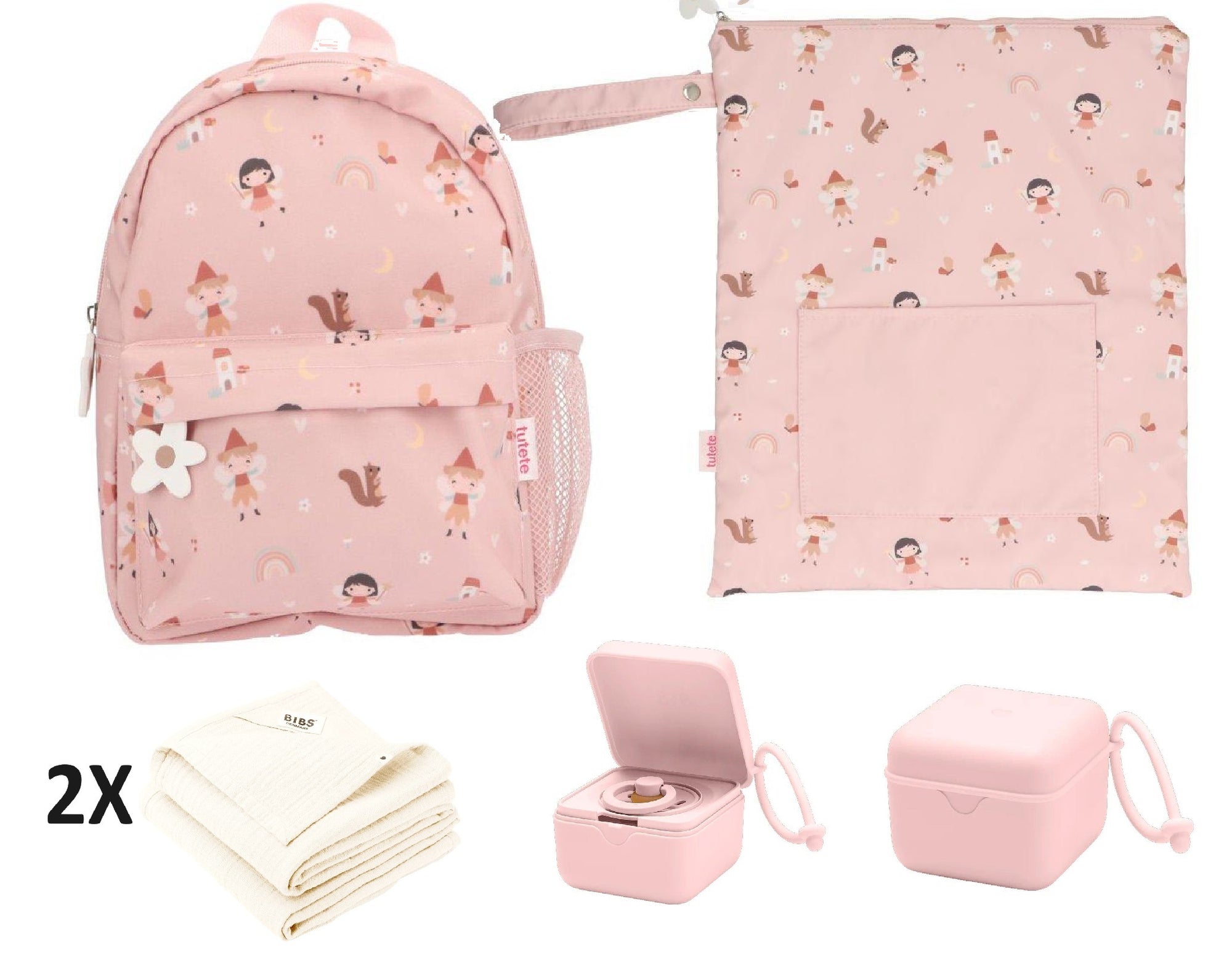 Conjunto Creche Mochila + Bolsa Impermeável + Musselinas + Caixa Versátil - Tutete Wild Fairies