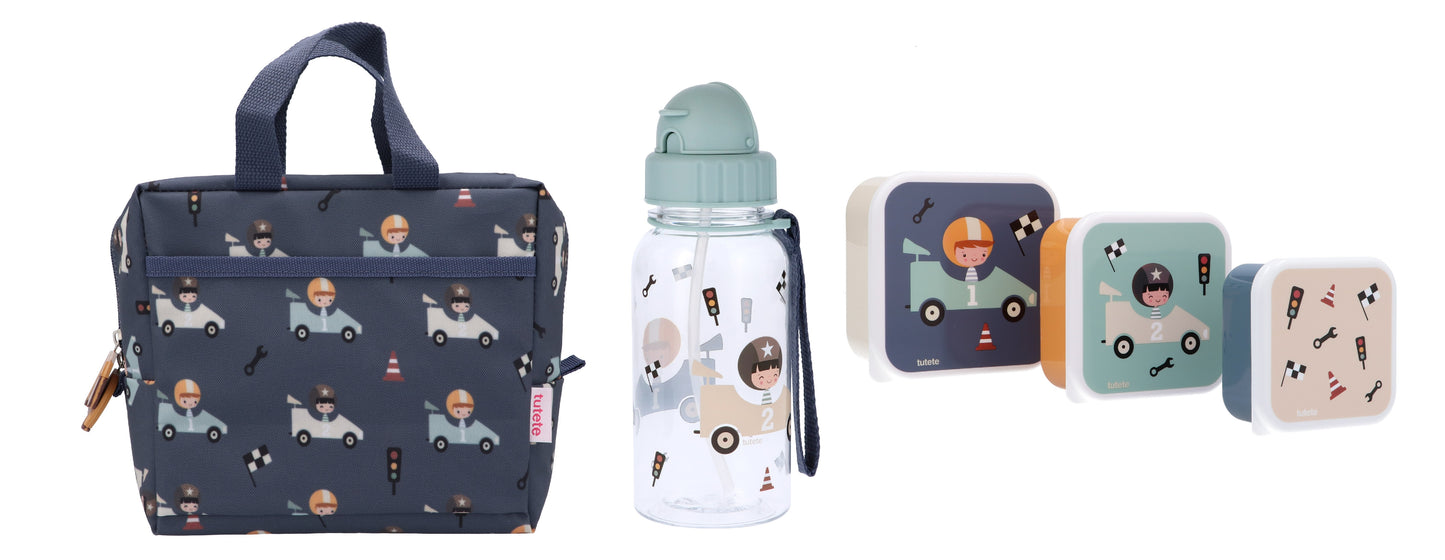 Conjunto Passeio/Lanche Lancheira + Garrafa Água + 3 Caixas de Alimentos - Tutete Speed Racers